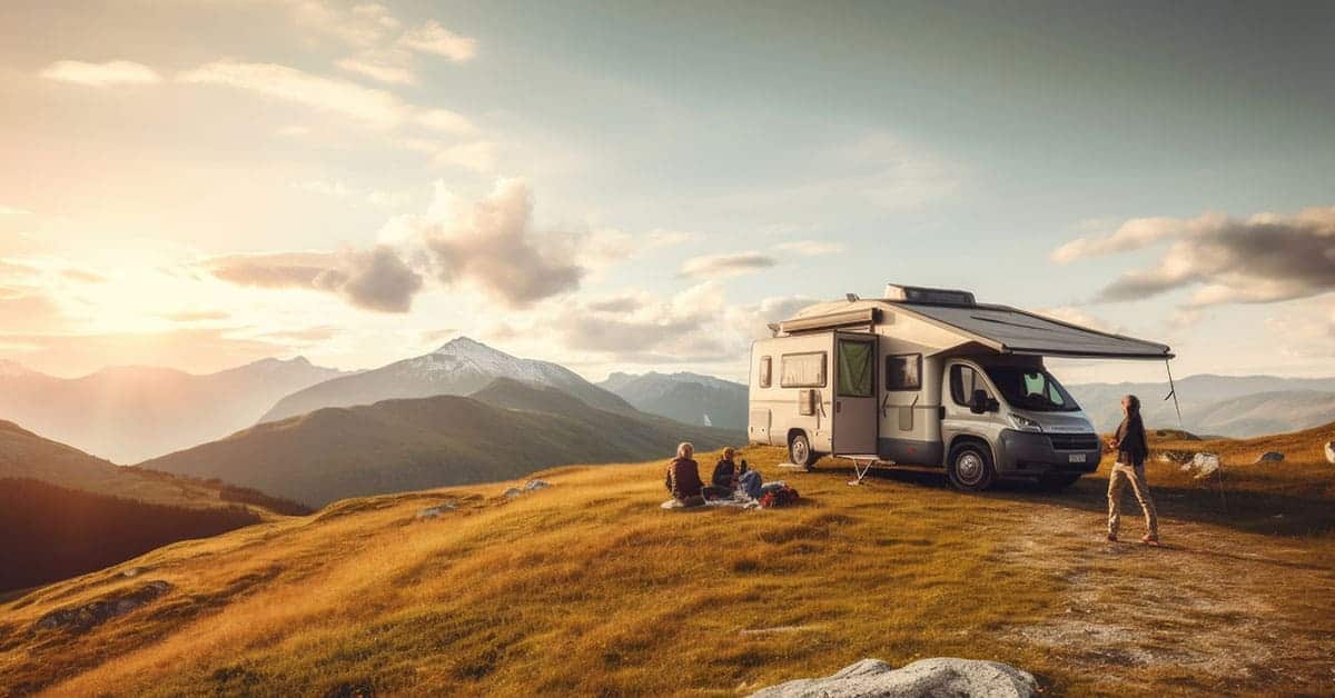 Scenic view of a camper parked on a hillside with mountains in the background, featuring a family enjoying a picnic and a person standing beside the RV, illustrating outdoor adventure and camping lifestyle.