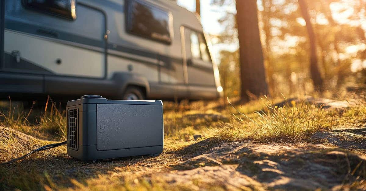 RV battery charger on rocky ground with RV in the background, emphasizing winter storage and maintenance for RV batteries.