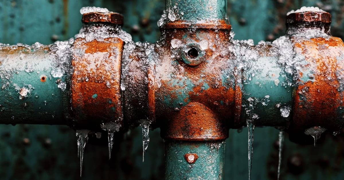 Frozen RV pipes with ice buildup and frost, highlighting issues related to RV winterization and maintenance.