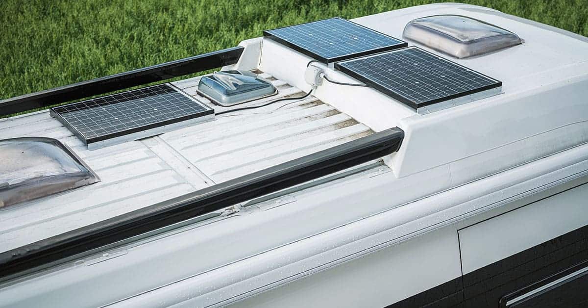 RV with solar panels installed on the roof, showcasing energy independence and solar power options for RV upgrades.