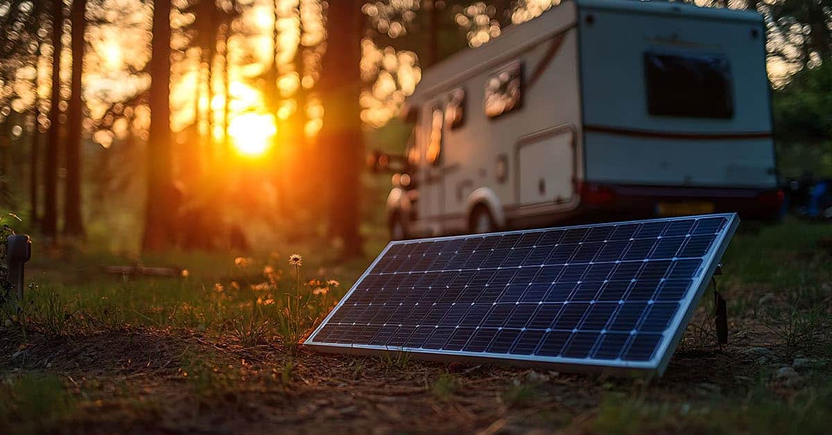 Solar panel in foreground with sunset backdrop and RV in background, emphasizing RV solar power for outdoor adventures.