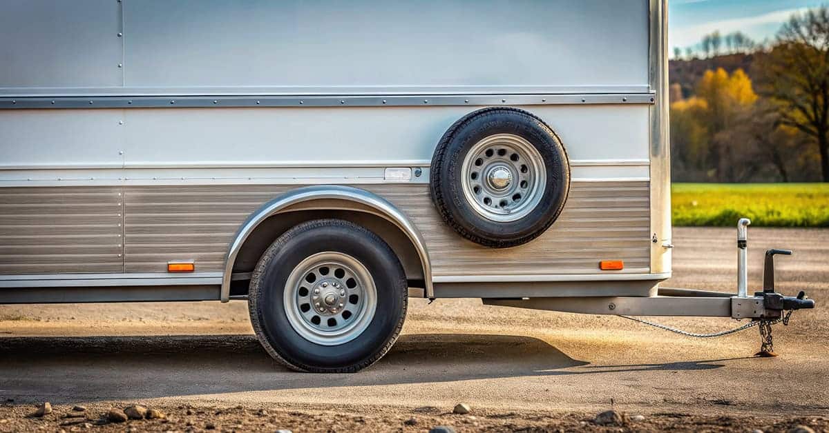 Trailer wheel and spare tire on a well-maintained trailer, emphasizing trailer safety and maintenance for travel readiness.