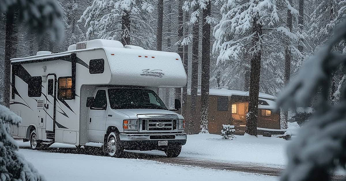 RV parked in snowy forest, showcasing winter conditions, emphasizing the importance of winterizing RVs for cold weather protection.