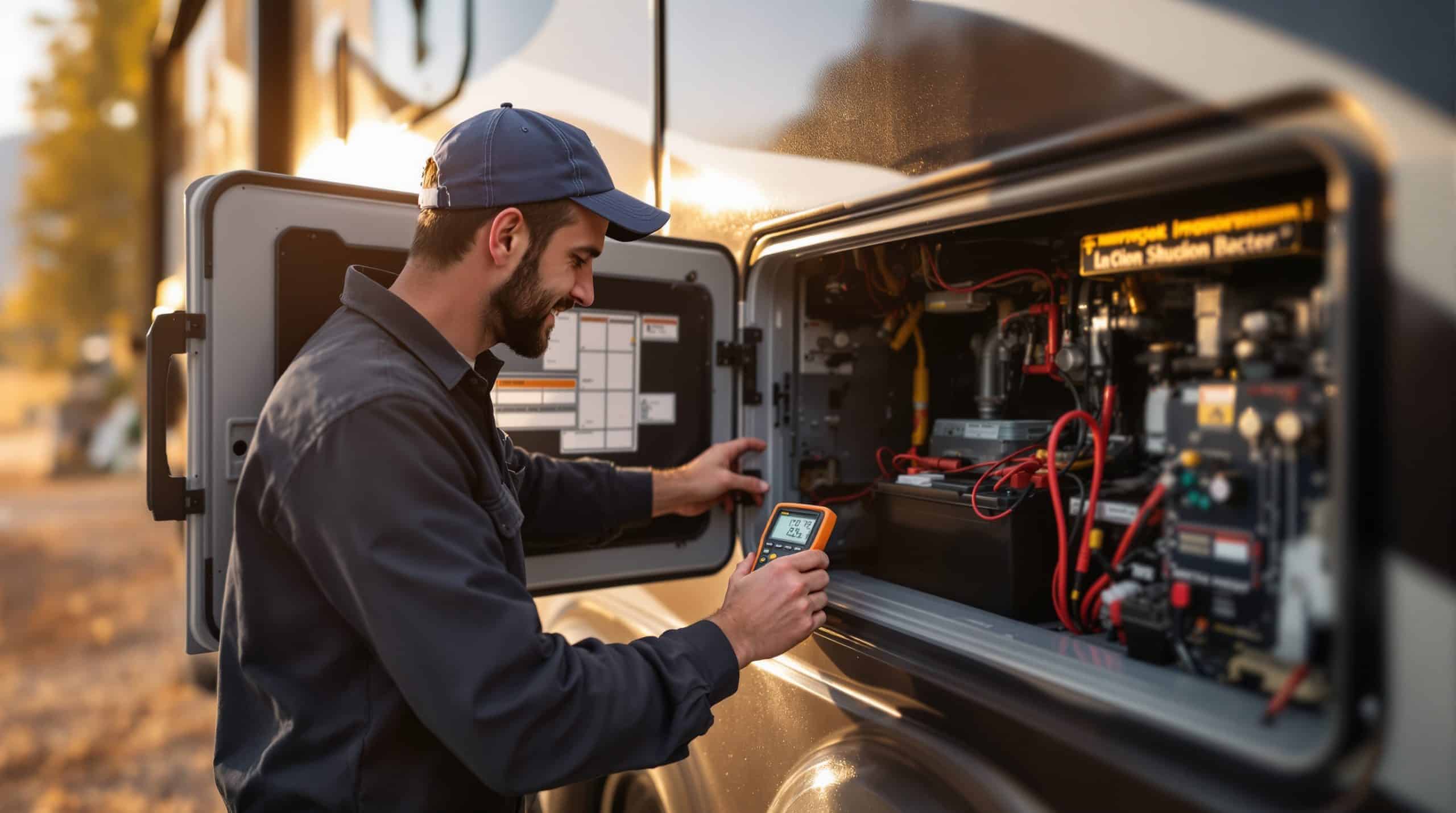 RV technician using a multimeter to test a battery bank inside an open compartment on a motorhome parked in a Colorado Springs shop bay