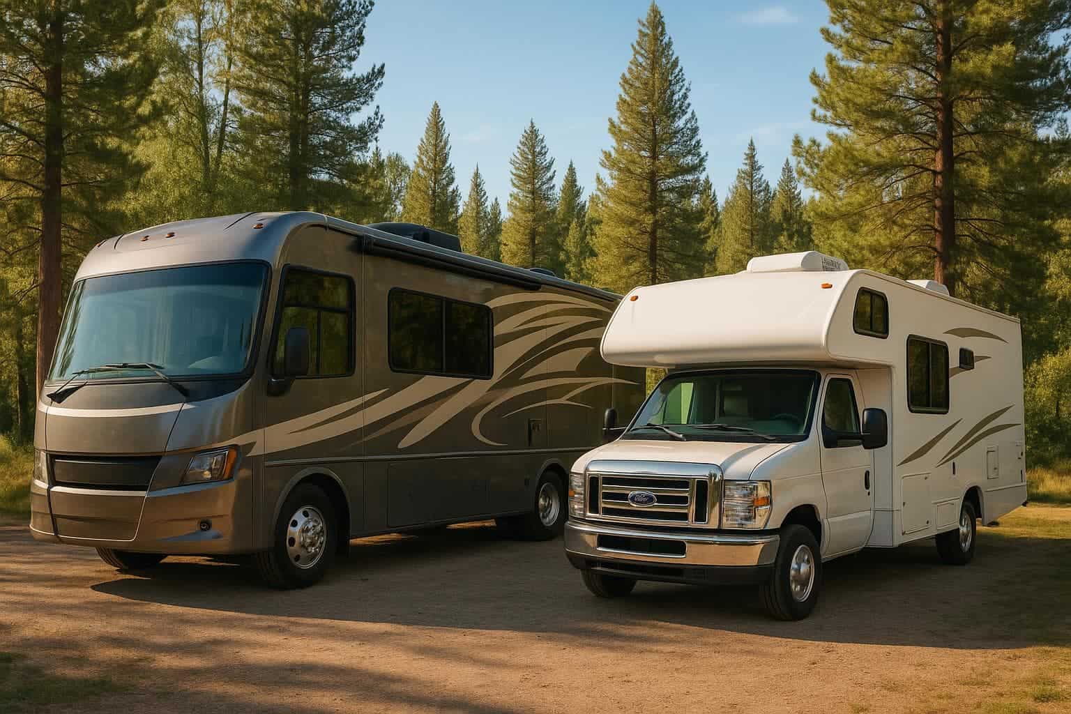 Class A and Class C RVs parked in a forest setting, highlighting size and design differences for travel and lifestyle choices.