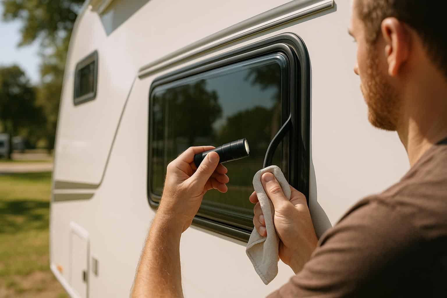 Person inspecting RV window seals with flashlight and cloth, demonstrating maintenance techniques for leak prevention.