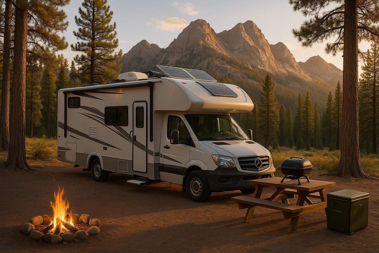 RV parked in a scenic Colorado campsite with mountains in the background, featuring solar panels on the roof, a campfire ring, picnic table, and portable grill, illustrating essential RV accessories for camping.