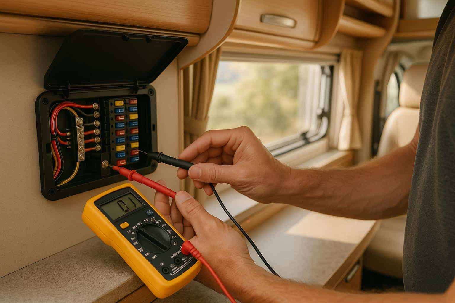 Person using a multimeter to test RV fuses in a fuse box, demonstrating safe electrical maintenance procedures for RV owners.