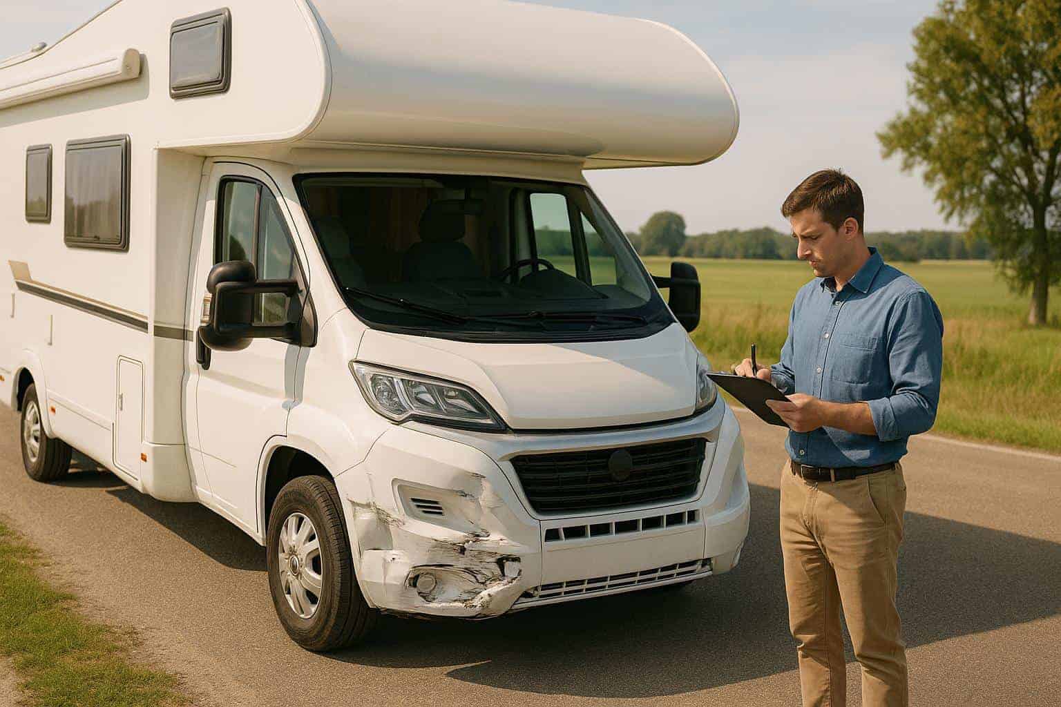 Man documenting damage on white RV after an incident, emphasizing RV insurance claim process.