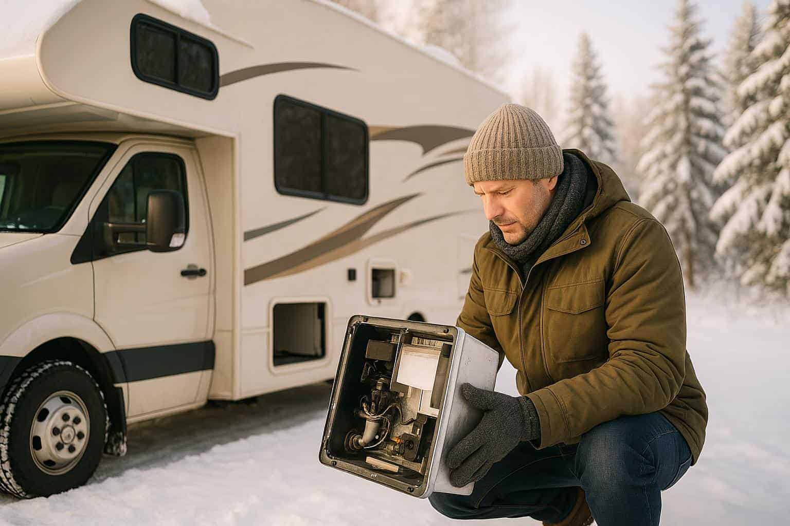 Man inspecting an RV appliance in winter setting, surrounded by snow, emphasizing winter storage preparations for RV maintenance.