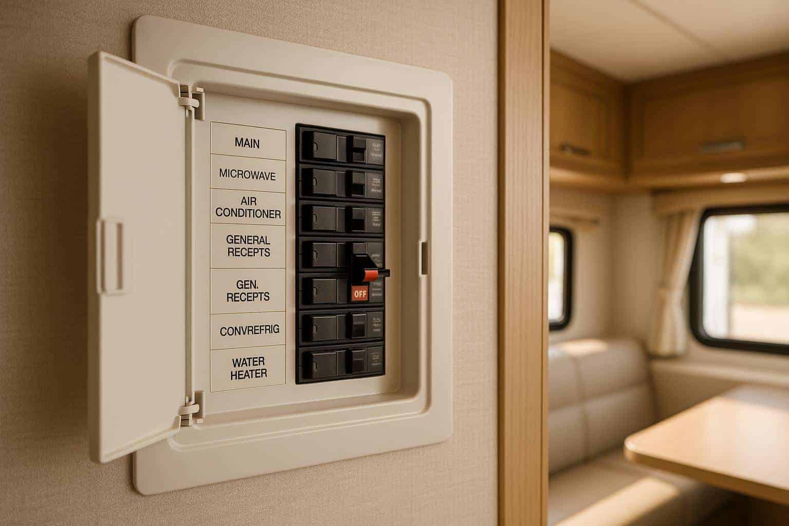 RV electrical panel with labeled circuit breakers, including main, microwave, air conditioner, and water heater, highlighting potential causes for breaker tripping.