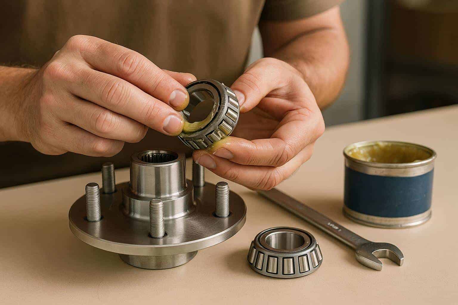 Hands applying grease to an RV wheel bearing, with a bearing hub and tools on a work surface, illustrating maintenance for safe RV travel.