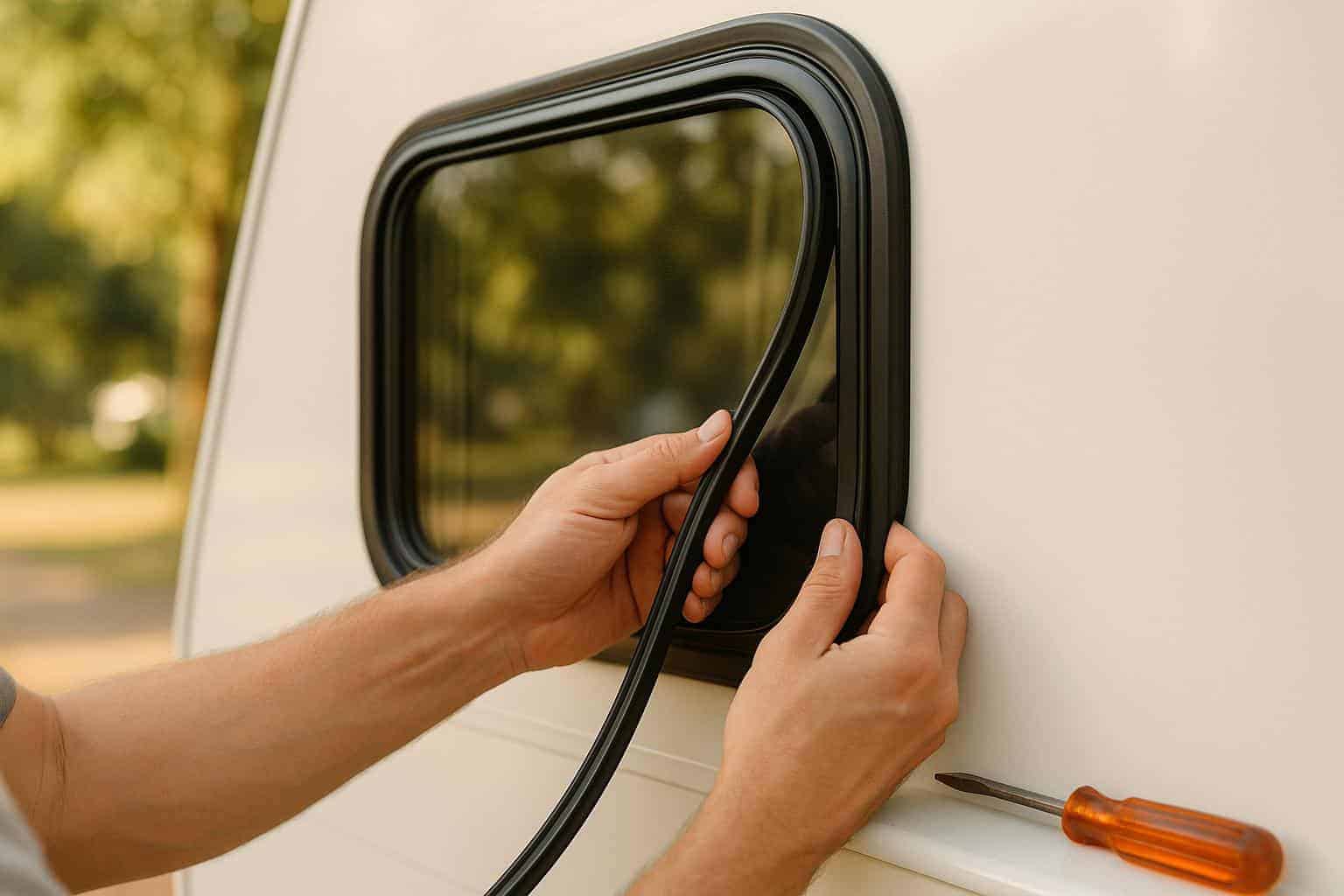 Person installing rubber window seal on RV with screwdriver nearby, demonstrating RV maintenance for window seal replacement.