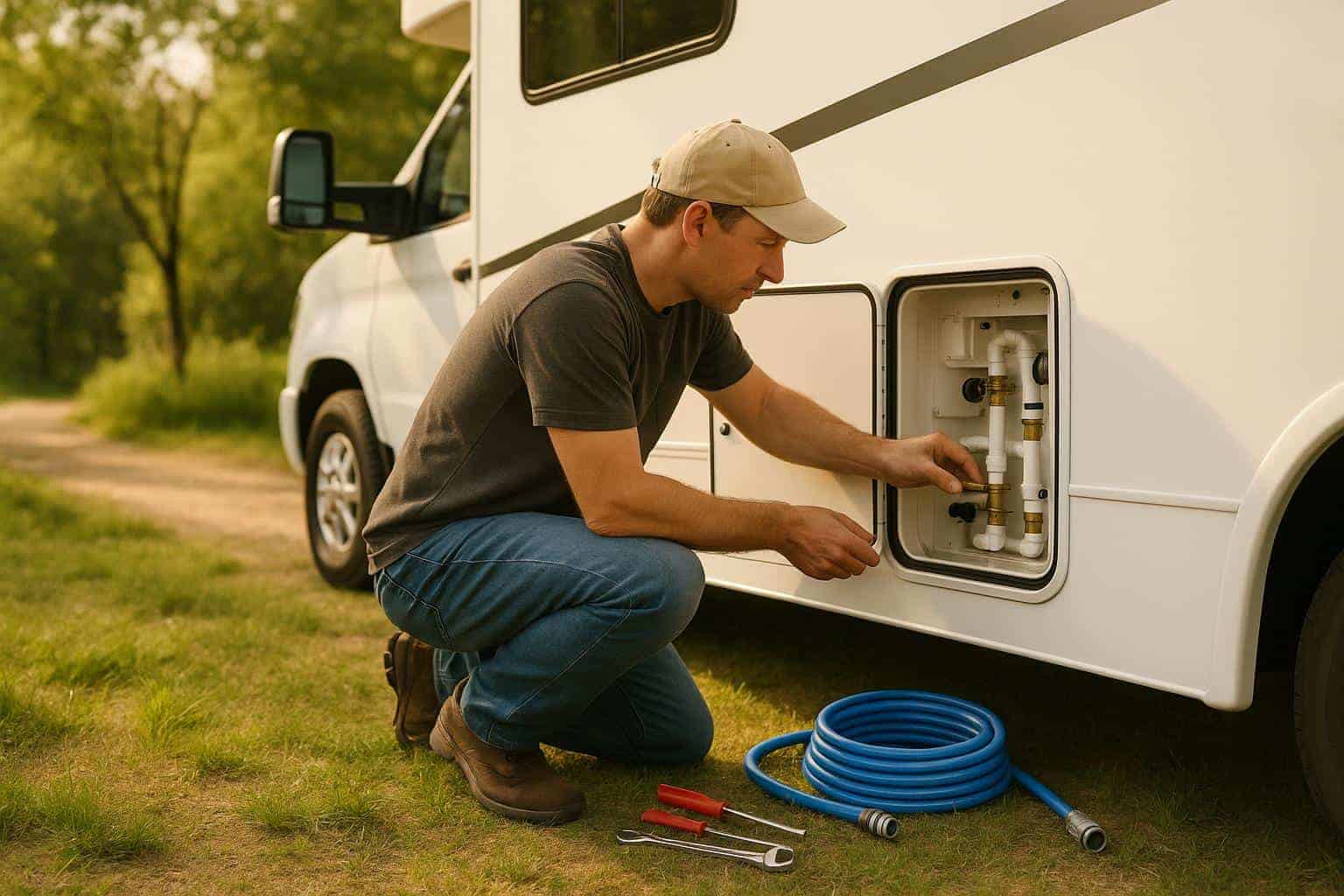 Man performing maintenance on RV water system, inspecting plumbing connections, with tools and a blue water hose nearby, in a natural outdoor setting.
