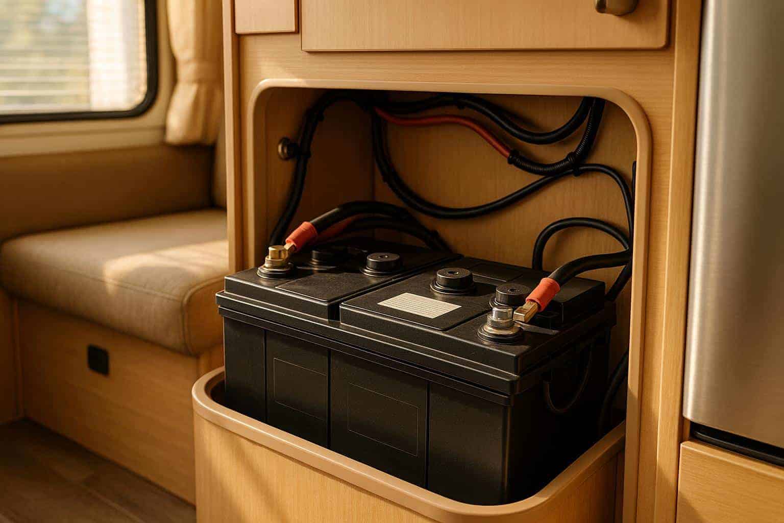 RV batteries stored in a wooden compartment, showcasing essential maintenance for RV power systems.