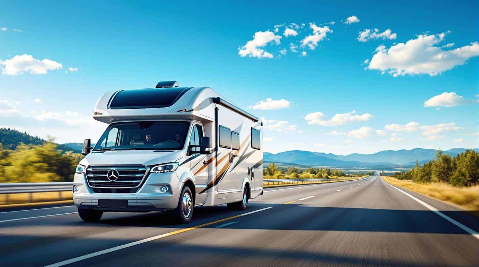 RV driving on a scenic highway with mountains in the background, emphasizing the importance of preventative maintenance to avoid water leaks.