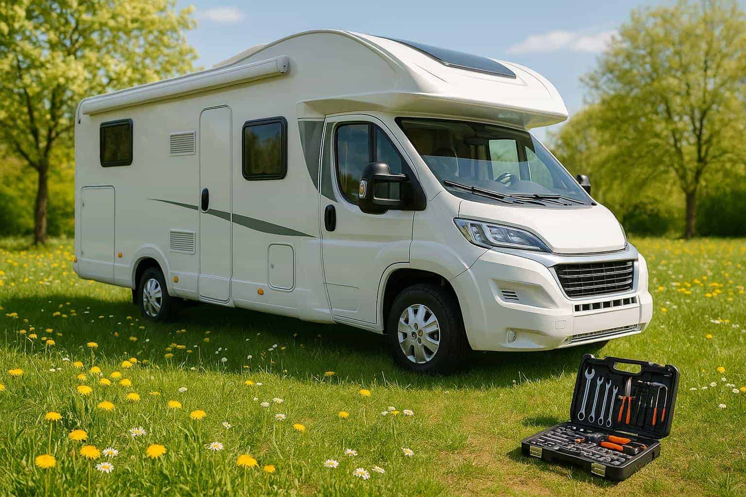 White RV parked on green grass with a toolkit nearby, highlighting essential RV maintenance for spring travel.