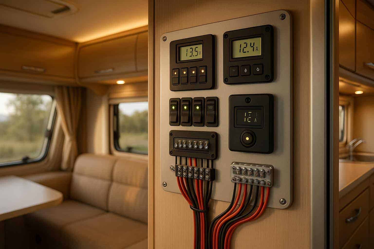 RV electrical control panel displaying voltage and amperage readings, with connected wires, in a cozy interior setting.