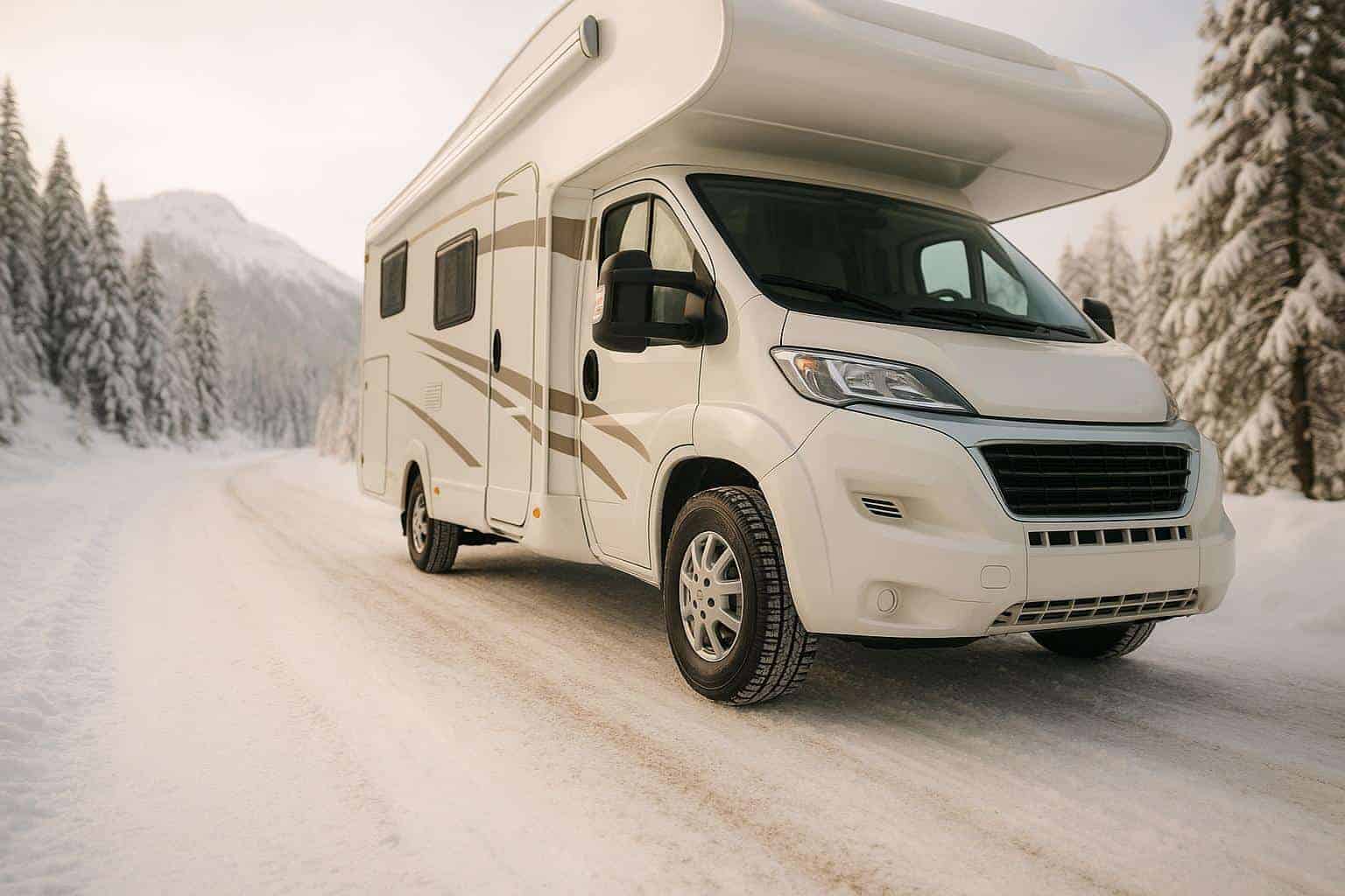 RV parked on snowy road surrounded by trees, highlighting winter conditions for RV tire maintenance.